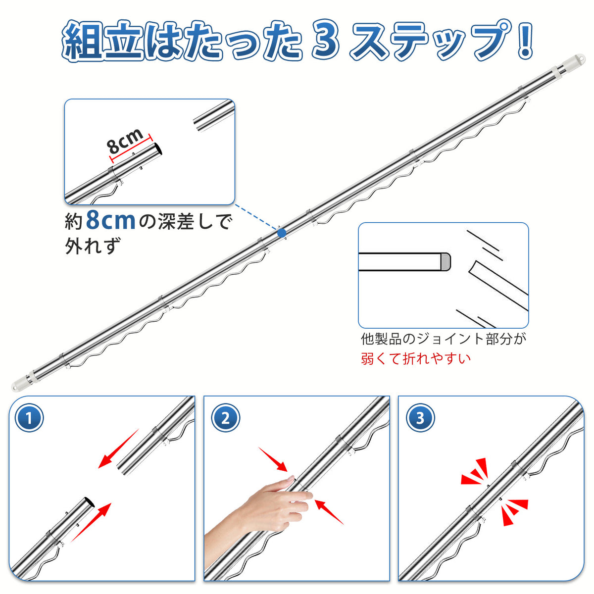 【1年保証】ハンガー掛け竿  伸縮物干し竿 ステンレス製 白 パイプ径29.4mm 耐荷重20kg 長さ調節可能 3m 4m 室内 屋外 ベランダ対応 1本 2本 選べる 太め設計 おしゃれ 物干しざお 部屋干し 洗濯物干し タオル掛け 洋服掛け 一人暮らしに便利