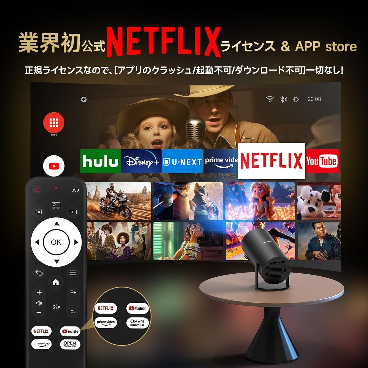 JOWLURKプロジェクター 家庭用【業界初公式Netflix・21000LM明るさプラス・270°回転・自動台形補正】プロジェクター 小型 天井投影4k対応Wi-Fi6瞬時接続 Bluetooth5.4 300"大画面 1080Pホームプロジェクター HiFiスピーカー内蔵 超短距離投影50％ズームスマホ/DVD/PS4/Switch/など対応低遅延 軽量 操作簡単日本語取扱説明書 (黒)