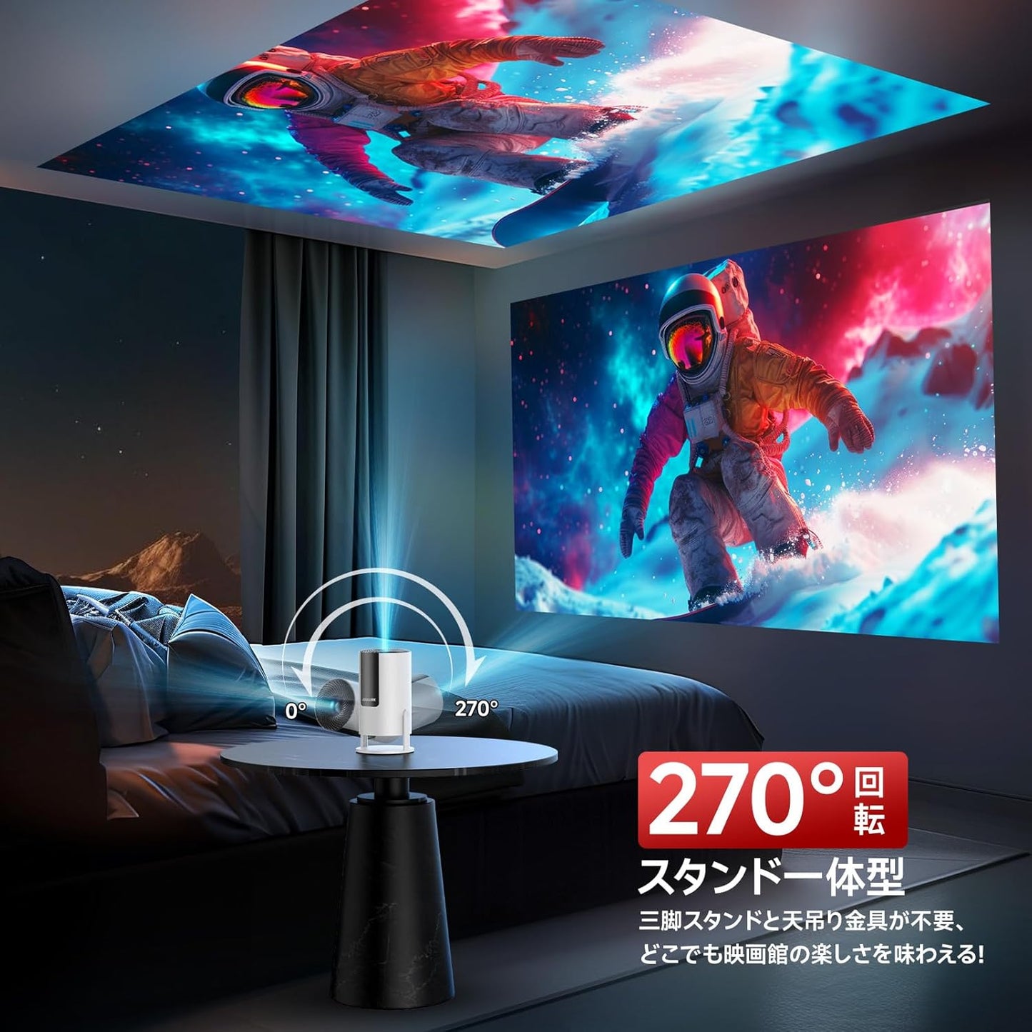 JOWLURK プロジェクター 家庭用 小型【8月新登場！ Android TV搭載・電動フォーカス・270°回転】 プロジェクター 天井投影 22000LM 4K対応 1080P ぷろじぇくたー 自動台形補正 Wi-Fi6 Bluetooth5.4 スタンド一体型 Hi-Fiスピーカー 50%ズーム ホームプロジェクター iOS/Android/パソコン/DVD/PS機対応 プレゼント