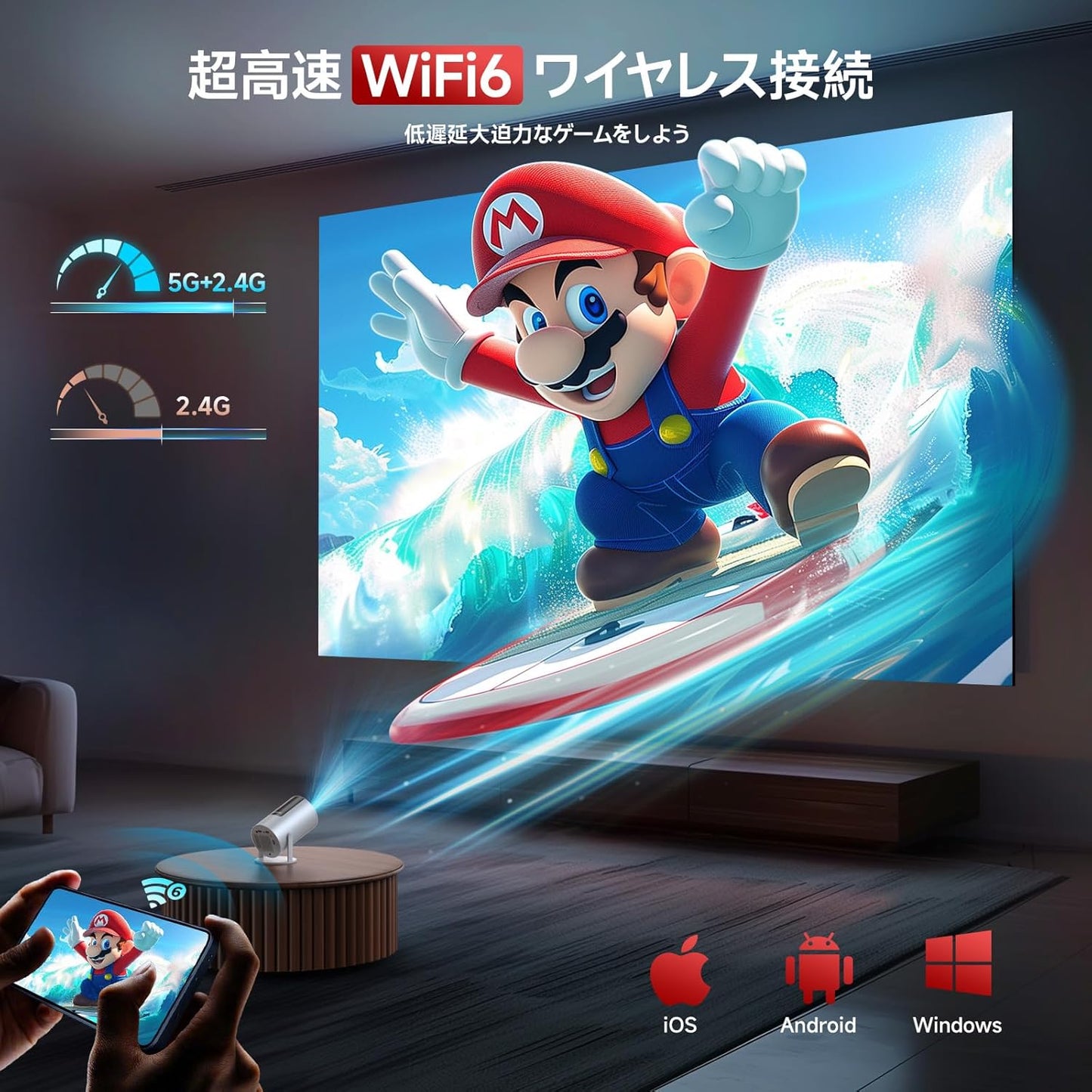 JOWLURK プロジェクター 家庭用 小型【8月新登場！ Android TV搭載・電動フォーカス・270°回転】 プロジェクター 天井投影 22000LM 4K対応 1080P ぷろじぇくたー 自動台形補正 Wi-Fi6 Bluetooth5.4 スタンド一体型 Hi-Fiスピーカー 50%ズーム ホームプロジェクター iOS/Android/パソコン/DVD/PS機対応 プレゼント