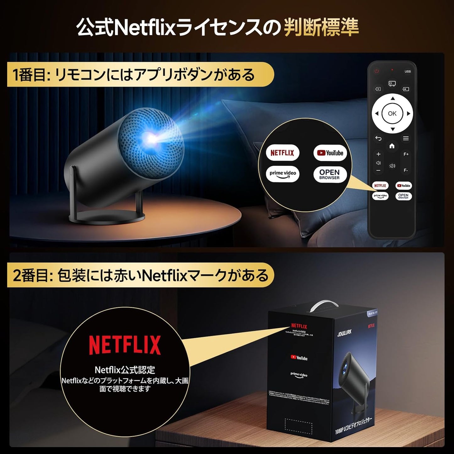 JOWLURKプロジェクター 家庭用【業界初公式Netflix・21000LM明るさプラス・270°回転・自動台形補正】プロジェクター 小型 天井投影4k対応Wi-Fi6瞬時接続 Bluetooth5.4 300"大画面 1080Pホームプロジェクター HiFiスピーカー内蔵 超短距離投影50％ズームスマホ/DVD/PS4/Switch/など対応低遅延 軽量 操作簡単日本語取扱説明書 (黒)